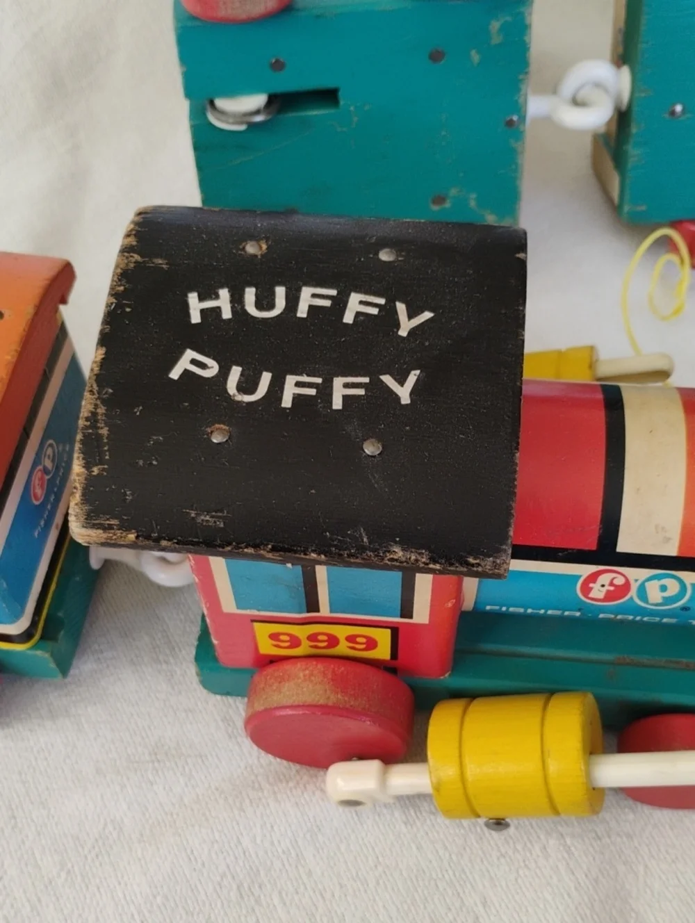 Fisher-Price 1963 VintageKids Wooden Pull Train Huffy Puffy 4 Pieces